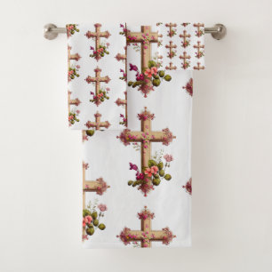 Elegantes Holzkreuz mit rosa Blume Gemustert Badhandtuch Set