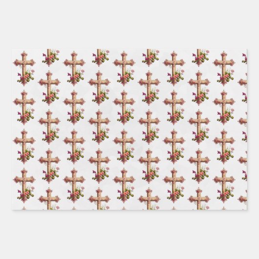 Elegantes Holzkreuz mit rosa Blume Geschenkpapier Set (Vorderseite 3)