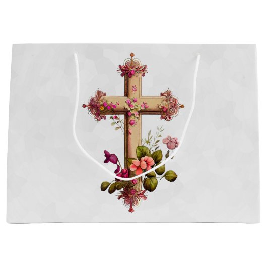 Elegantes Holzkreuz mit rosa Blume Große Geschenktüte (Vorderseite)