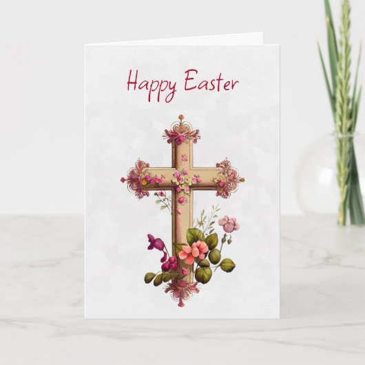 Elegantes Holzkreuz mit rosa Blume Ostern Karte (Vorderseite)