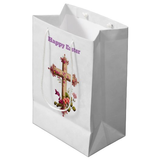 Elegantes Holzkreuz mit rosa Blume Ostern Mittlere Geschenktüte (Vorderseite Schrägansicht)