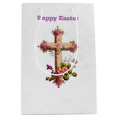Elegantes Holzkreuz mit rosa Blume Ostern Mittlere Geschenktüte (Vorderseite)