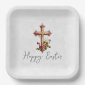 Elegantes Holzkreuz mit rosa Blume Ostern Pappteller (Vorderseite)