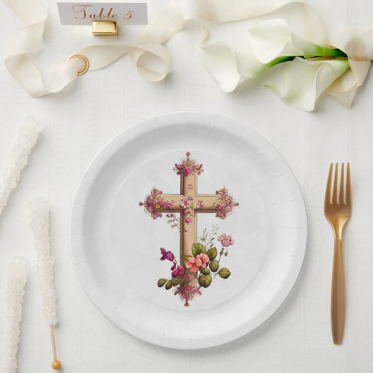 Elegantes Holzkreuz mit rosa Blume Pappteller (Hochzeit)