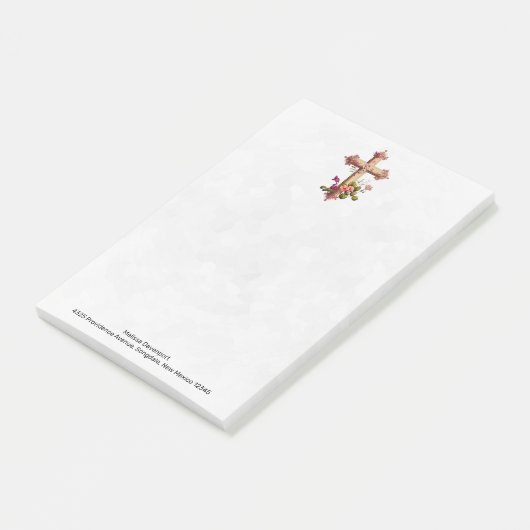 Elegantes Holzkreuz mit rosa Blume Post-it Klebezettel (angewinkelt)