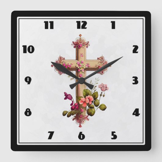 Elegantes Holzkreuz mit rosa Blume Quadratische Wanduhr (Vorderseite)