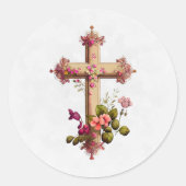 Elegantes Holzkreuz mit rosa Blume Runder Aufkleber (Vorderseite)