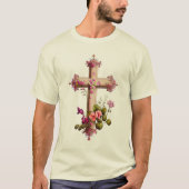 Elegantes Holzkreuz mit rosa Blume T-Shirt (Vorderseite)