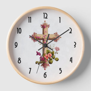 Elegantes Holzkreuz mit rosa Blume Uhr