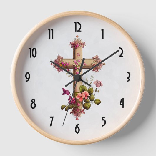 Elegantes Holzkreuz mit rosa Blume Uhr (Vorderseite)
