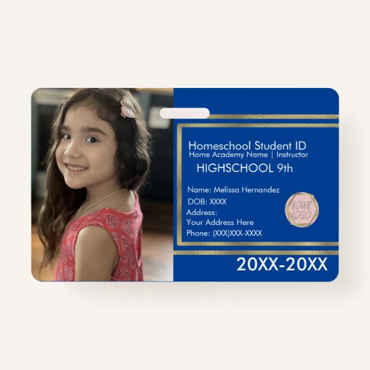 Elegantes Homeschooling School ID Blue Gold Logo Ausweis (Vorderseite)