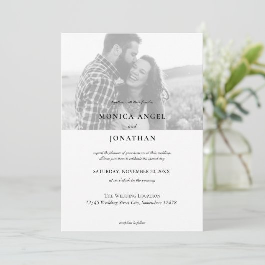 Elegantes, horizontales Schwarz-Weiß-Foto Hochzeit Einladung (Stehend Vorderseite)