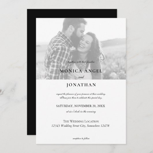 Elegantes, horizontales Schwarz-Weiß-Foto Hochzeit Einladung (Vorne/Hinten)