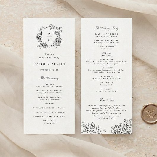 Elegantes Hortensien-Wappen-Hochzeitsprogramm Programm