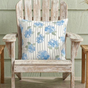 Elegantes Hortensienmuster Blaue Streifen Grau  Kissen