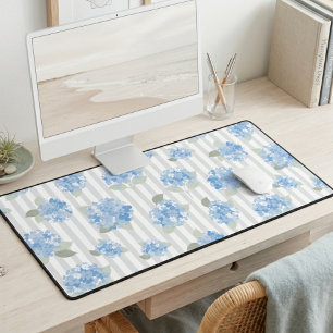 Elegantes Hortensienmuster Blaue Streifen Grau  Schreibtischunterlage