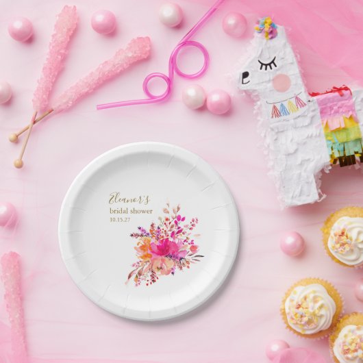 Elegantes Hot Pink Floral Brautparty Custom Gevor Pappteller (Party)