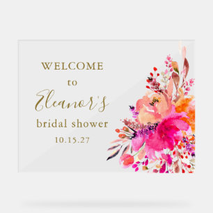 Elegantes Hot Pink Floral Brautparty Willkommen Acrylschild