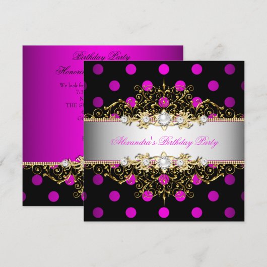 Elegantes Hot Pink Gold Black Polka Dot Party Einladung (Vorne/Hinten)