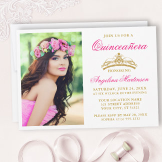 Elegantes Hot Pink Gold Crown Foto Quinceanera Einladung