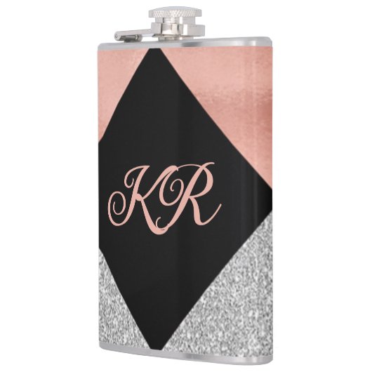 Elegantes Hot Pink Silver Glitzer Schwarzes Monogr Flachmann (Links)