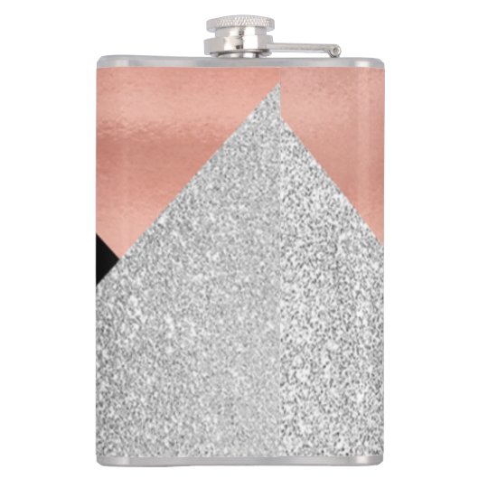 Elegantes Hot Pink Silver Glitzer Schwarzes Monogr Flachmann (Rückseite)