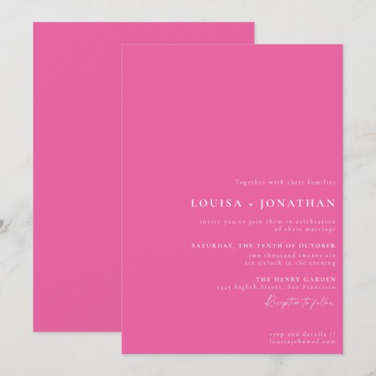 Elegantes Hot Pink Trendy Script Minimal Wedding Einladung (Vorne/Hinten)