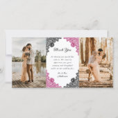 Elegantes Hot Pink und Black Floral Wedding Foto Dankeskarte (Vorderseite)