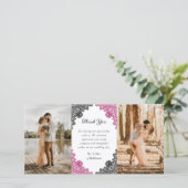Elegantes Hot Pink und Black Floral Wedding Foto Dankeskarte (Stehend Vorderseite)