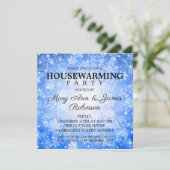 Elegantes Housewarming Party Blue Winter Bokeh Einladung (Stehend Vorderseite)