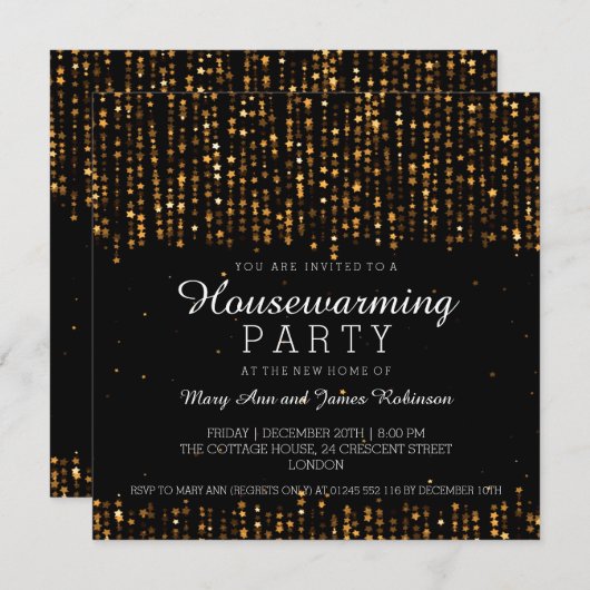 Elegantes Housewarming-Party-Sternconfetti-Gold Einladung (Vorne/Hinten)