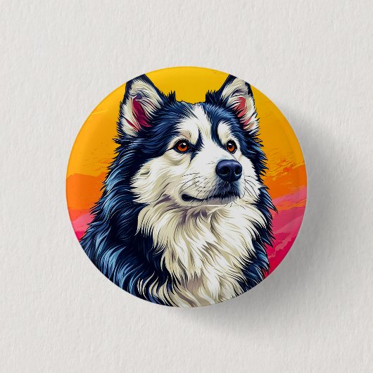 Elegantes Husky-Portrait mit lebendigem Sonnenunte Button (Vorderseite)