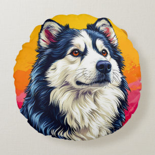 Elegantes Husky-Portrait mit lebendigem Sonnenunte Rundes Kissen