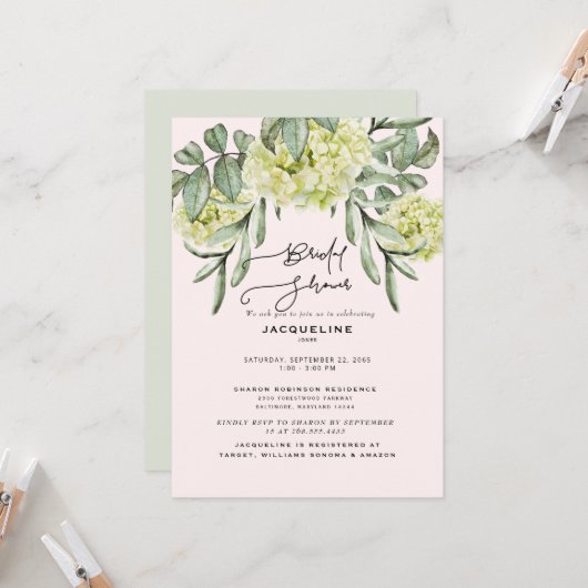 Elegantes Hydrangea Blush & Mint Brautparty Einladung (Vorderseite/Rückseite Beispiel)