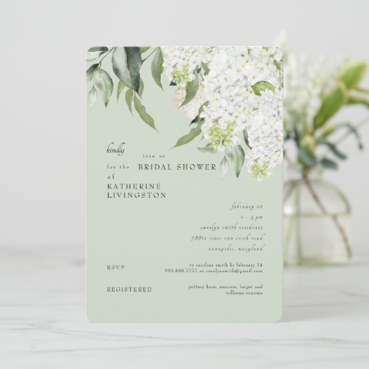 Elegantes Hydrangea Light Sage Brautparty Einladung (Stehend Vorderseite)