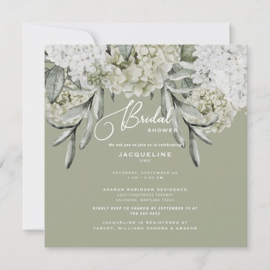 Elegantes Hydrangea Sage Square Brautparty Einladung (Vorderseite)