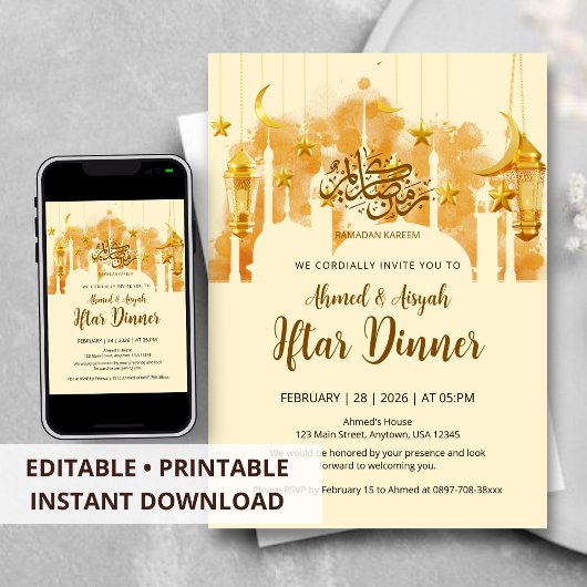 Elegantes Iftar-Dinner mit goldener Moschee-Silhou Einladung