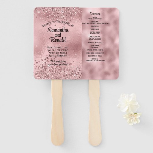 Elegantes Imitat Hochzeitsprogramm für Rosa Glitze Fächer (Vorne und Hinten)