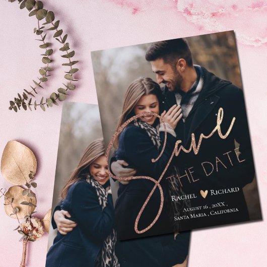 Elegantes Imitat Rose Gold Wedding Foto Save the D Ankündigungspostkarte