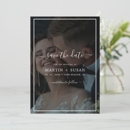 Elegantes Imitat Vellum Effect Overlay-Foto Hochze Save The Date (Stehend Vorderseite)