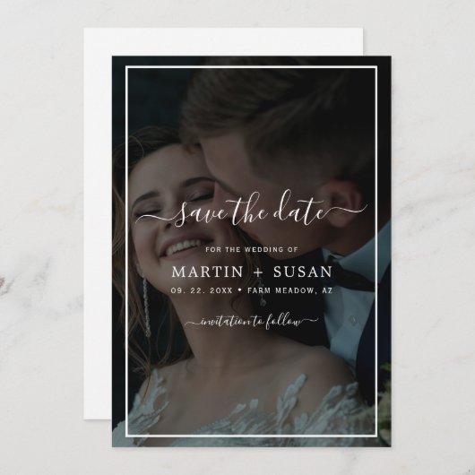 Elegantes Imitat Vellum Effect Overlay-Foto Hochze Save The Date (Vorne/Hinten)