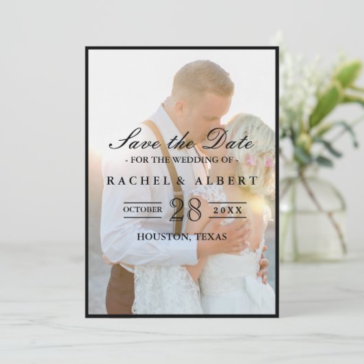 Elegantes Imitat Vellum Overlay Foto Hochzeit Rett Save The Date (Stehend Vorderseite)