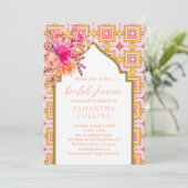 Elegantes Indianerpink-Gelbe Blume Bridal Einladung (Stehend Vorderseite)