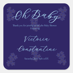 Elegantes Indigo Blau Oh Baby Skript Floral Quadratischer Aufkleber