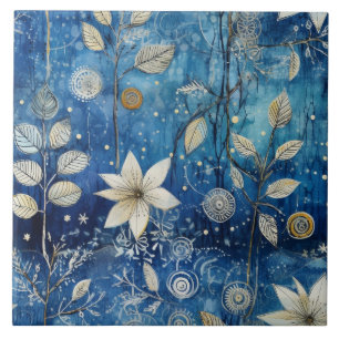 Elegantes Indigo-Blaues Winterbotanikum Fliese