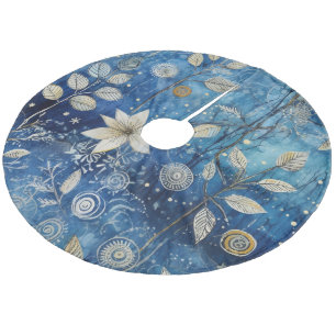 Elegantes Indigo-Blaues Winterbotanisches Motiv Fleece Weihnachtsbaumdecke
