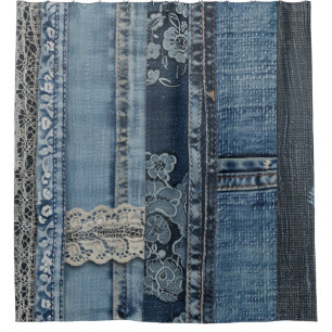 Elegantes Indigo Lace Stripe Denim Muster (2) Duschvorhang