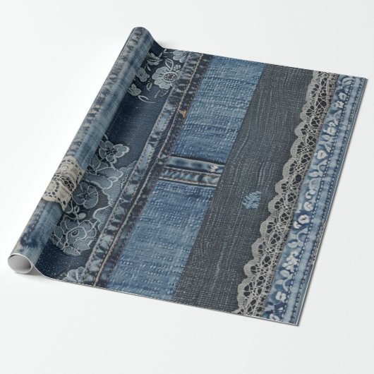 Elegantes Indigo Lace Stripe Denim Muster (2) Geschenkpapier (Ungerollt)