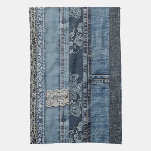 Elegantes Indigo Lace Stripe Denim Muster (2) Geschirrtuch (Vertikal)