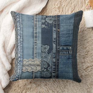 Elegantes Indigo Lace Stripe Denim Muster (2) Kissen